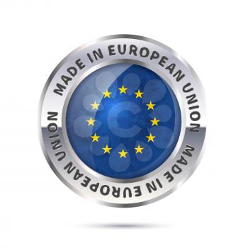 Glossy metal badge icon, made in European Union with flag