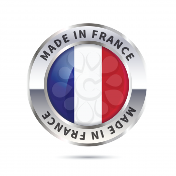 Glossy metal badge icon, made in France with flag