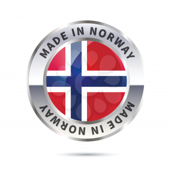 Glossy metal badge icon, made in Norway with flag