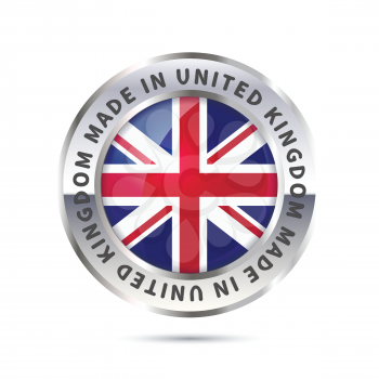 Glossy metal badge icon, made in United Kingdom with flag