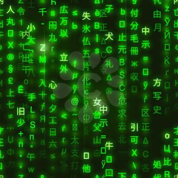Green symbols of matrix binary code on dark background, digital seamless pattern