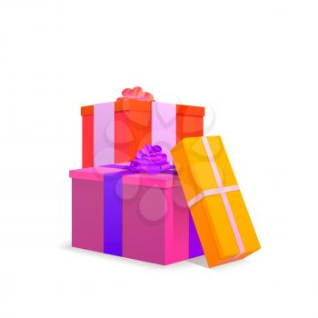 Group of three colourful presents on white