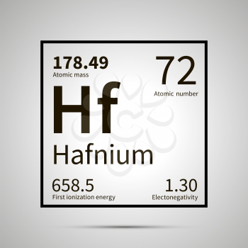 Hafnium chemical element with first ionization energy, atomic mass and electronegativity values ,simple black icon with shadow on gray
