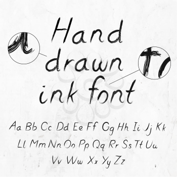 Hand-drawn dirty ink grunge font with alphabet