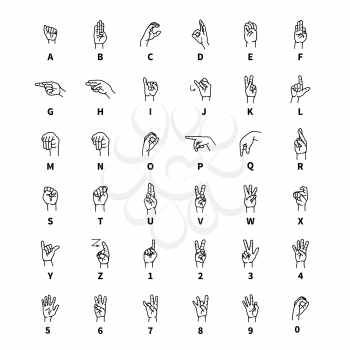 Hand language signs, latin alphabet outline black icons isolated on white