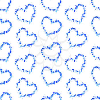 Hearts contours made up of little blue and cyan hearts on white, seamless pattern