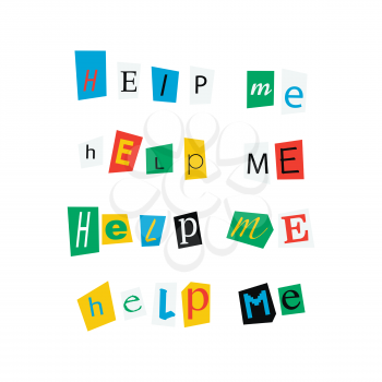 Help me phrases made up from colorful newspaper letters isolated on white
