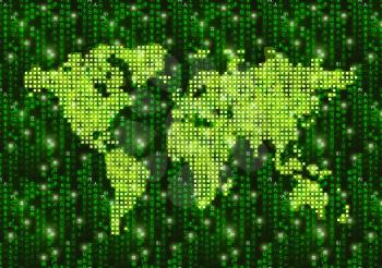 Hi-tech pixelated world map on green matrix symbols, cyberspace concept illustration