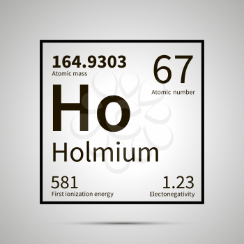 Holmium chemical element with first ionization energy, atomic mass and electronegativity values ,simple black icon with shadow on gray
