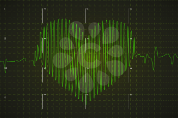 Human electrocardiogram graph in heart shape, bright green graph on dark background with medical marks