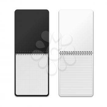 Two realistic vertical spiral notebooks with different grids, mockup isolated on white