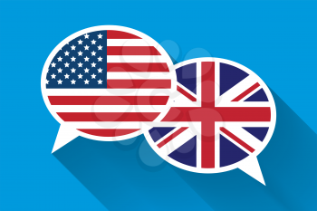 Two white speech bubbles with American and Great britain flags. English language conceptual illustration