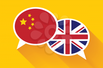 Two white speech bubbles with China and Great britain flags. English language conceptual illustration