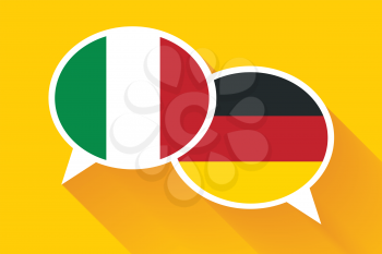 Two white speech bubbles with Italian and German flags. English language conceptual illustration.