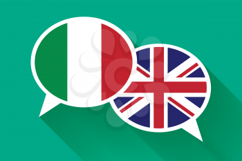 Two white speech bubbles with Italian and Great britain flags. English language conceptual illustration