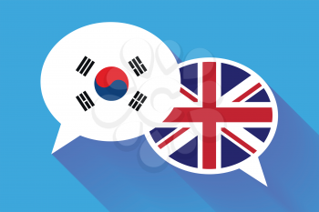 Two white speech bubbles with South Korea and Great britain flags. English language conceptual illustration