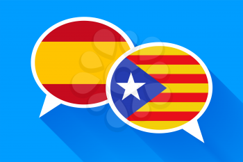 Two white speech bubbles with Spain and Catalonia flags on blue