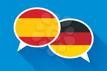 Two white speech bubbles with Spain and German flags. English language conceptual illustration