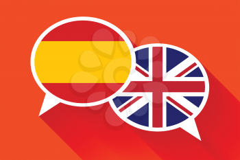 Two white speech bubbles with Spain and Great britain flags. English language conceptual illustration