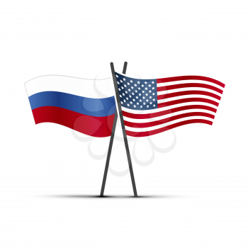 USA and Russia flags on poles isolated on white