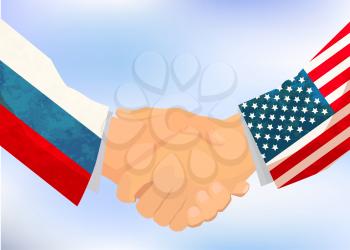 USA and Russia handshake, concept illustration on blue sky background