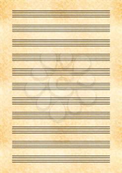 Vertical a4 size yellow sheet of old paper with music note stave