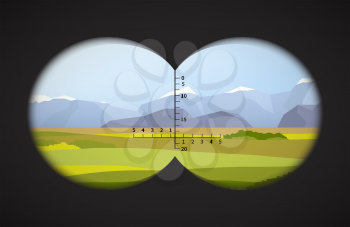View from binoculars on landscape with fields and mountains