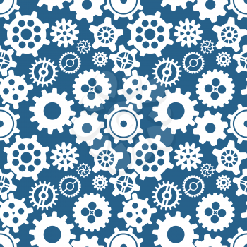 White different silhouettes of cogwheels on blue, seamless pattern