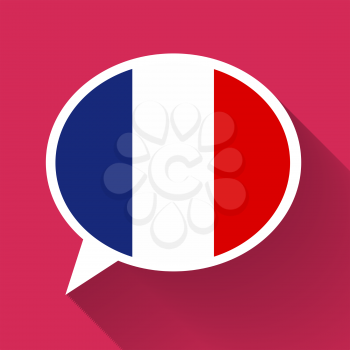 White speech bubble with France flag and long shadow on pink background. French language conceptual illustration