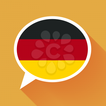 White speech bubble with Germany flag and long shadow on orange background. German language conceptual illustration.