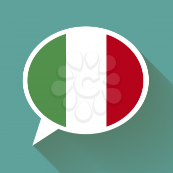 White speech bubble with Italian flag and long shadow on green background. Italian language conceptual illustration