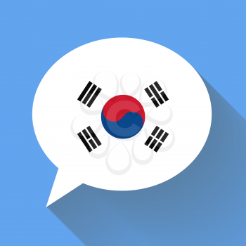 White speech bubble with Korea flag and long shadow on blue background. Korean language conceptual illustration