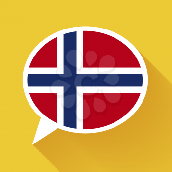 White speech bubble with Norway flag and long shadow on yellow background. Norwegian language conceptual illustration