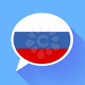 White speech bubble with Russian flag and long shadow on blue background. Russian language conceptual illustration