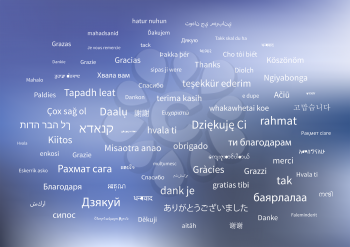 White thanks phrases in different languages of the world on blue blurred background