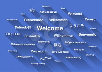 White welcome phrase in different languages of the world with long shadow on blue background