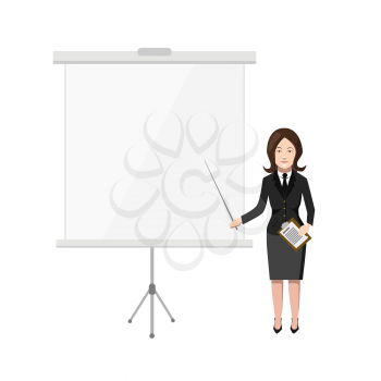 Woman teacher standing near whiteboard and pointing at white blank roll up isolated on white