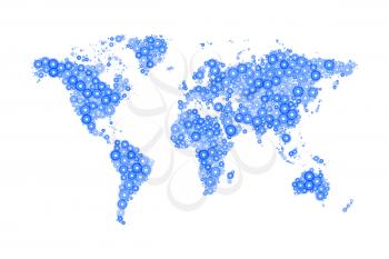 World Map made up from modern blue circles different sizes with bright glowing isolated on white