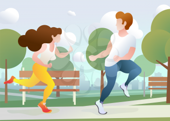 Young guy and pretty girl run in a urban park with city skyline on the background, trendy flat illustration