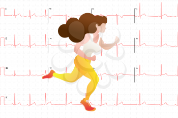 Young pretty girl in jogging pose on typical human electrocardiogram red graph on background