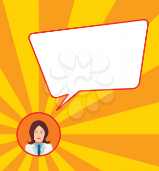 Young woman with speech bubble on retro background, flat illustration