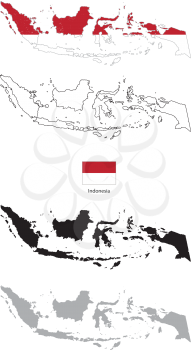 Indonesia country black silhouette and with flag on background, isolated on white