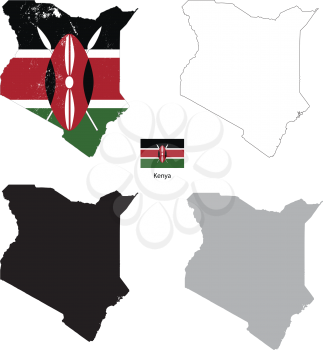 Kenya country black silhouette and with flag on background, isolated on white