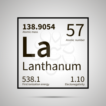 Lanthanum chemical element with first ionization energy, atomic mass and electronegativity values ,simple black icon with shadow on gray