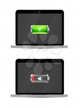 Laptops with full and empty glossy battery icons, isolated on white