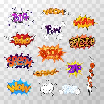Large set of bright multi colored comic sound effects on transparent background