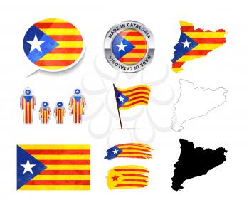 Large set of Catalonia infographics elements with flags, maps and badges isolated on white