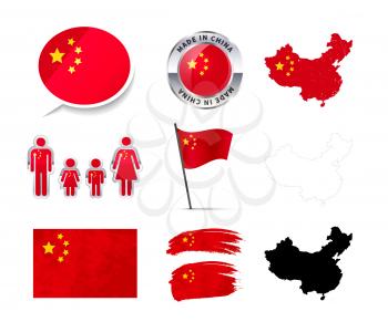 Large set of China infographics elements with flags, maps and badges isolated on white
