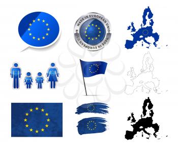 Large set of European Union infographics elements with flags, maps and badges isolated on white
