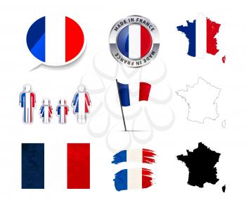 Large set of France infographics elements with flags, maps and badges isolated on white